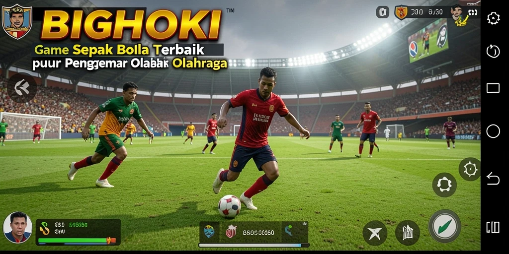 Tangkapan layar gameplay BIGHOKI menampilkan aksi sepak bola yang mendebarkan.