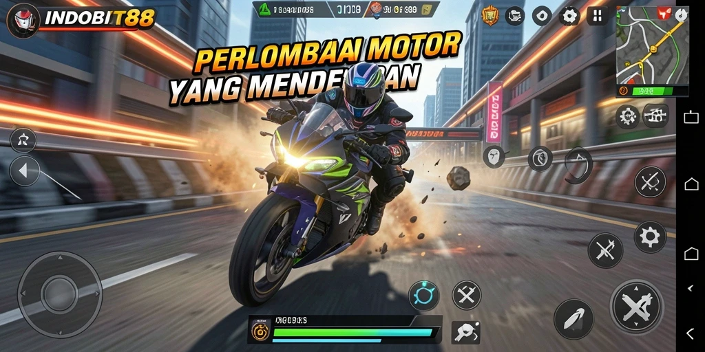 Screenshot gameplay INDOBIT88 dengan balapan motor yang mendebarkan.
